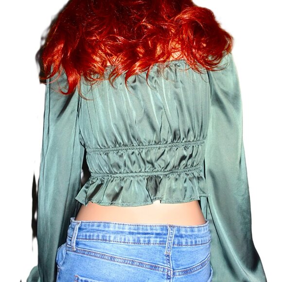 Mixed Threads Hunter Green Peasant Crop Blouse S - Picture 4 of 6